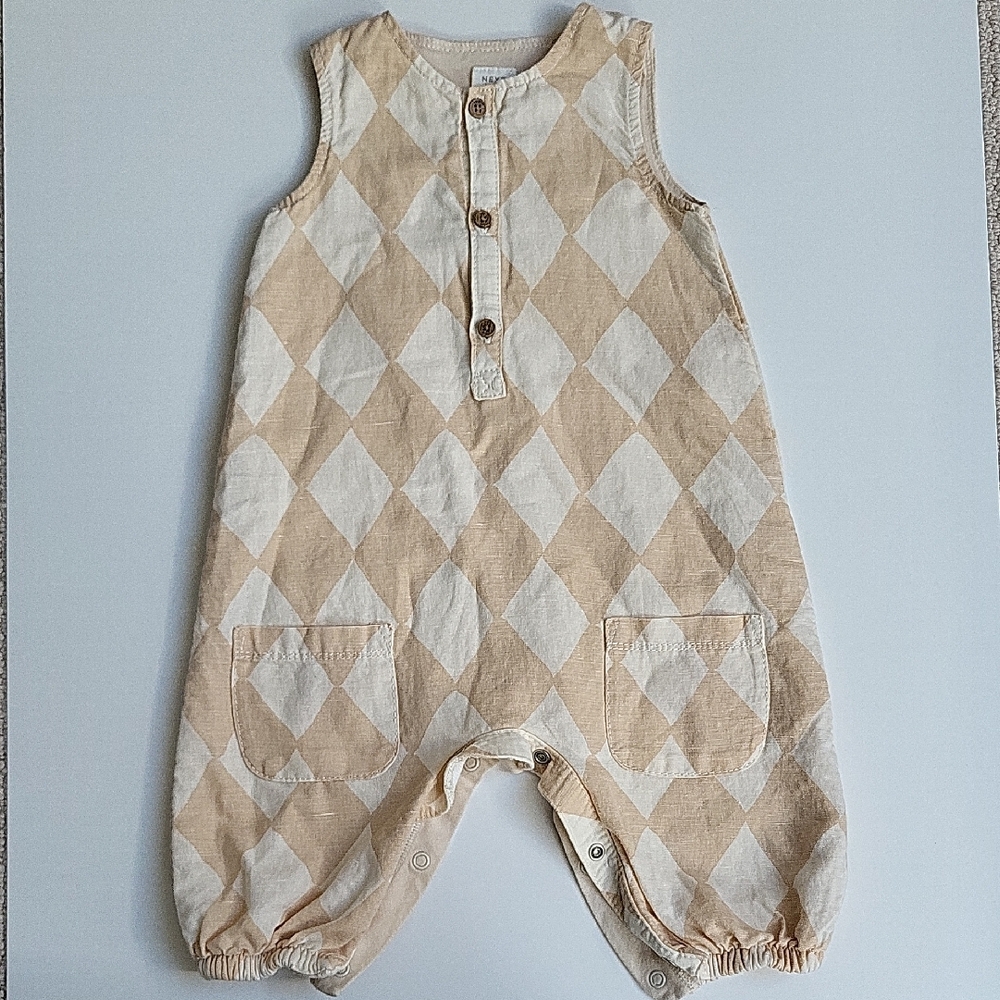 Beige and White Diamond Patterned Baby Romper